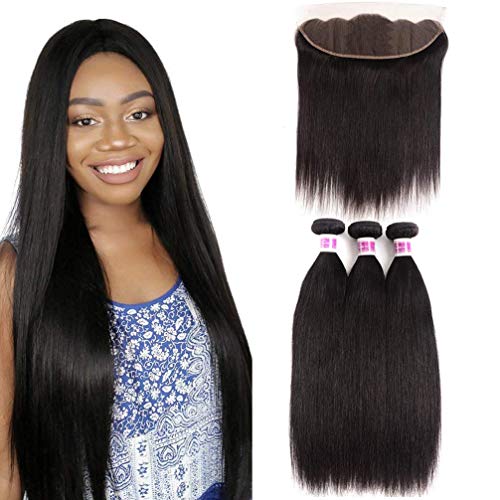 JiSheng Brazilian Straight Virgin Hair 3 Bundles With Lace Frontal Closure 100% Unprocessed Human Hair weave with Closure 16 18 20+16inch