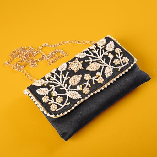 Handmade Sling Bag Purse Wallet Hand Stitched Traditional Ethnic Work for Women for Party Wedding and Gifting (Black - 8"x5")3