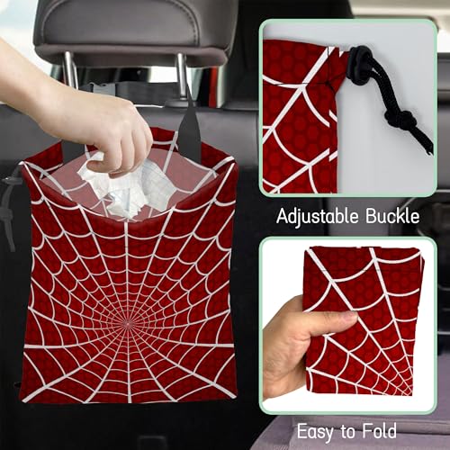 Image of Spider Web on Red Car Garbage Bag,Waterproof Small Car Trash Bag Hanging Back of Seat,Drawstring Hanging Car Trash Bag with Adjustable Buckle for Car Accessories