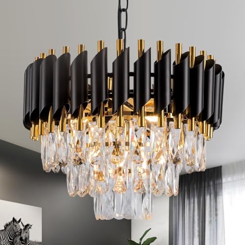 Image of Modern Ceiling Lamp 3-Tier Round Crystal Chandelier for Living Room | Modern Ceiling Light Jhumar for Hall for Home Decoration + 3 Color LED Light (Black Gold, 450MM)