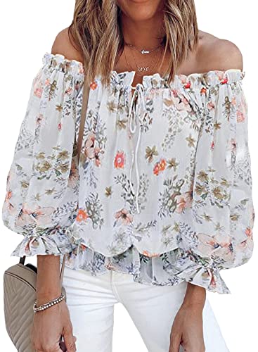BLENCOT Summer Sexy Off Shoulder Tops for Women Boho Ruffle Sleeve Floral Chiffon Shirts Blouses