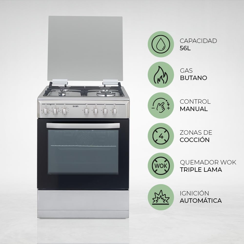Svan Cocina Mixta gas Butano 4 Zonas Inox SKMW4600X. Quemador WOK triple llama, Kit Conversión Gas Natural, Acabado en Inox