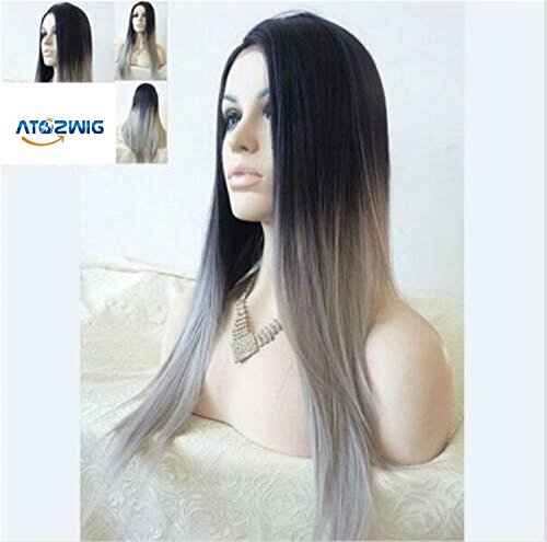 ATOZWIG Most Popular Cheap Ombre Wig Womens Lady's Long Stright Wigs Two Tone Black to Grey Synthetic Hair Wigs Soft Degree