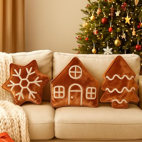 Amyhill 3 Pcs Christmas Velvet Throw Pillows Xmas Tree Gingerbrea...