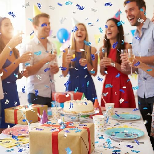 Image of Happy Birthday Confetti - Table Sprinkling Scatter Decoration, Blue & Silver Party Supplies