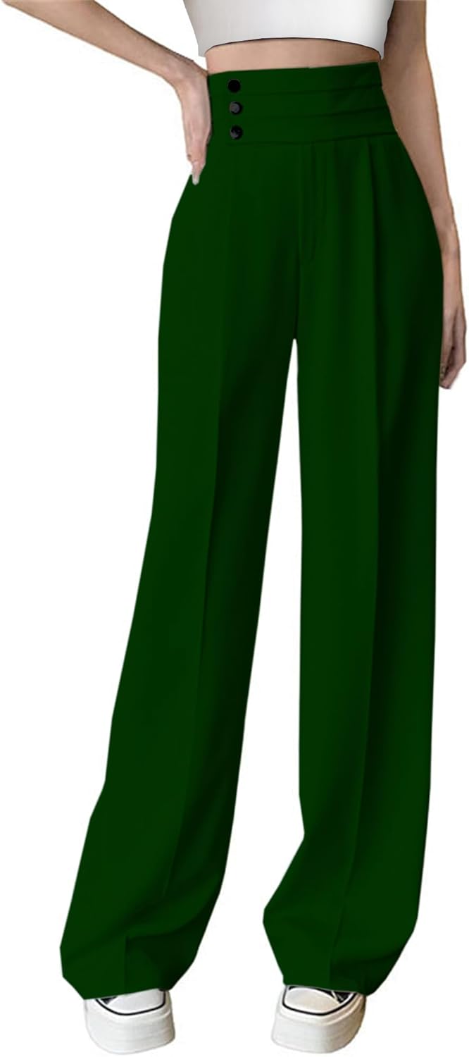 Betusline Women's High Waist Dress Pants Business Side Button Work Wide Leg Pants Straight Leg Trousers, X-Small-XX-Large