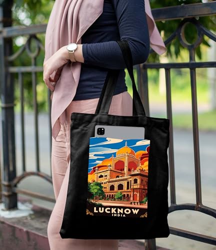 Image of ZORI Black Tote Bag With Pocket Printed Designed Canvas Tote Bags For Women large capacity,Tote bag For Shopping, College, Travel, More Canvas Handbag For Unisex Bag