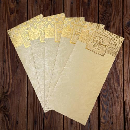 Image of Pack of 25, Rectangle Shape Metallic Paper Shagun Envelopes for Gifting Sagan Lifafa Wedding Occasion Cash Money, 18 X 8 cm, Cream Color - Gold Tree Design