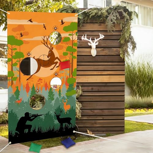 Serencatcher Hunting Toss Game Banner with 3 Bean Bags Deer Hunting Bean Bag Toss Games Backdrop for Hunting Birthday Party Games Gone Hunting Camo Birthday Baby Shower Party Decorations