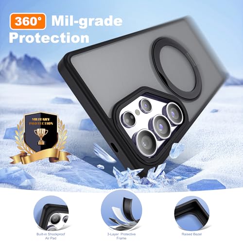 Image of for Samsung Galaxy S25 Ultra Case with 360Rotatable Magnetic Ring Stand Compatible with Mag-Safe Military Protection Shockproof Matte Translucent Phone Cases for S25 Ultra 6.9 inch,Black