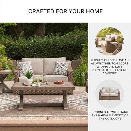Image of Signature Design by Ashley Carmel Bay Outdoor Loveseat with Cushion, Beige | All-weather resin wicker over rust-resistant aluminum frame, Roomy 60-inch seating, Fade-resistant cushions