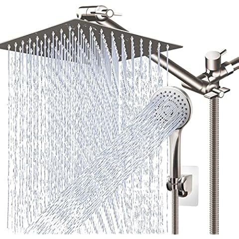 (Brushed Nickel),12'' High Pressure Rain Shower Head with 11'' Adjustable Extension Arm and 5 Settings Handheld Shower Head Combo,Powerful Shower Spray Against Low Pressure Water Cover