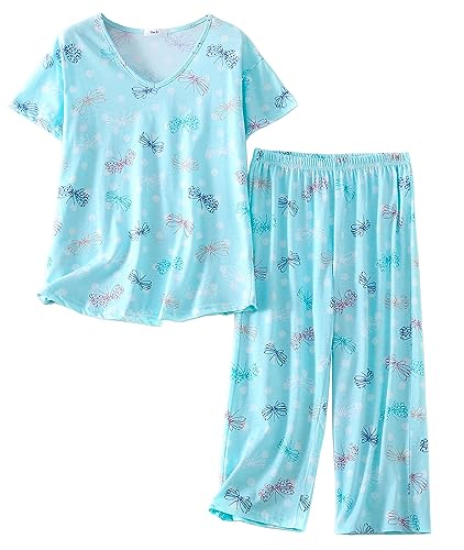 Image of CHUNG Women Cotton Pajama Sets Sleepwear pjs Short Sleeve Shirt Capri Length Crop Pants Cute Vivid Print