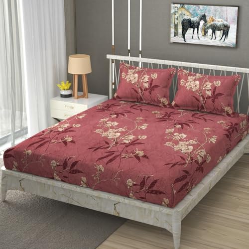 Image of Premium Heavy Cotton Flat Bedsheets with 2 King Size Pillow Covers | Double Bed 350 TC | 90 x 100 Inch King Size Flat | :- Maroon Flower