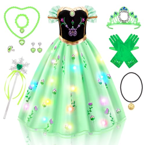 Meland Lumineux Deguisement Fille, 11 Pcs Vert Robe Princesse pour Fille 3-10 ans, Deguisement Enfant Costume d' Carnaval, Anniversaire, Halloween