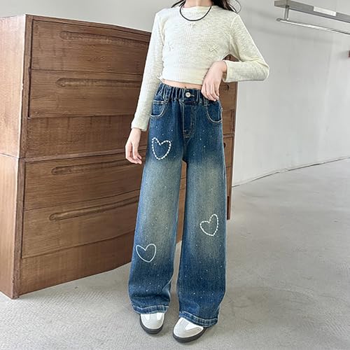 Baggy Heart Embroidery Jeans for Youth Girls Wide Leg Elastic High Waist Denim Pants Kids Girls Cute Trendy Trousers3
