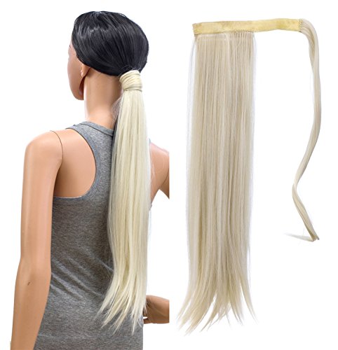 SWACC Women Long Straight/Curly Wavy Wrap Around Ponytail Extension Synthetic Hair Piece Clip in Hair extensions (Straight, Platinum Blonde-60#)