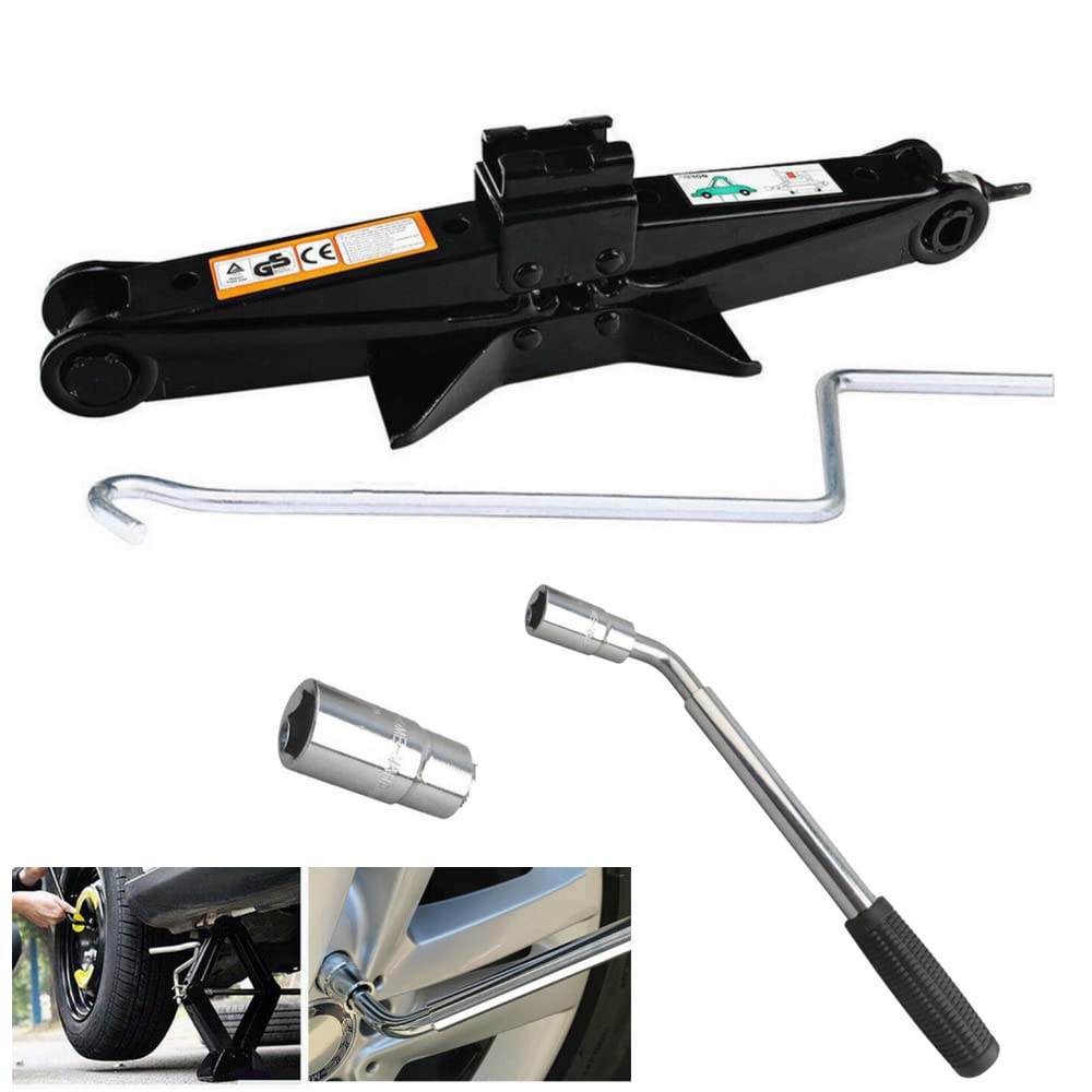 2 Ton Steel Scissor Jack + Wheel Wrench Lug Brace Extendable Tyre Repair Change Tools Kit with 17/19mm and 21/23mm Sockets,Universal Speed Handle Lift Jacks for Car Van Truck Tyre Breakdown Repair