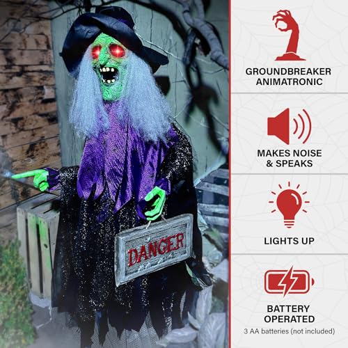 Haunted Hill Farm Animatronic Scary Talking Witch Groundbreaker with Touch Activated Lights and Sound, Battery-Operated Indoor or Covered Outdoor Halloween Decoration