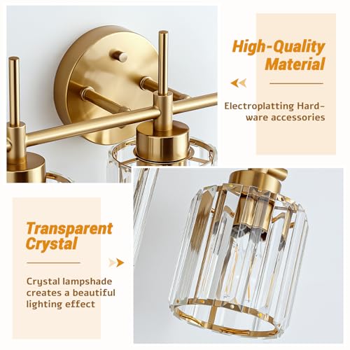 Image of EJIAXIN Bathroom Lighting Fixtures, 3 Light Gold Bathroom Light Fixtures with Clear Shades Modern Crystal Vanity Light Bath Room Vanity Lighting Over Mirror Wall Light