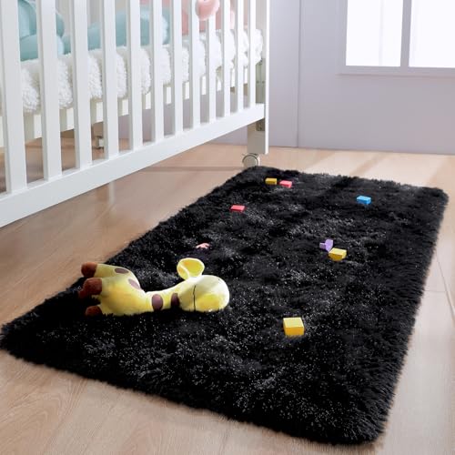 HOMORE Runner Rug 2x4 Black Rug for Bedroom, Fluffy Runner Rugs for Hallway Bedside, Long Rugs for Living Room Kids Room, Soft Carpet for Dorm Indroor Entrance