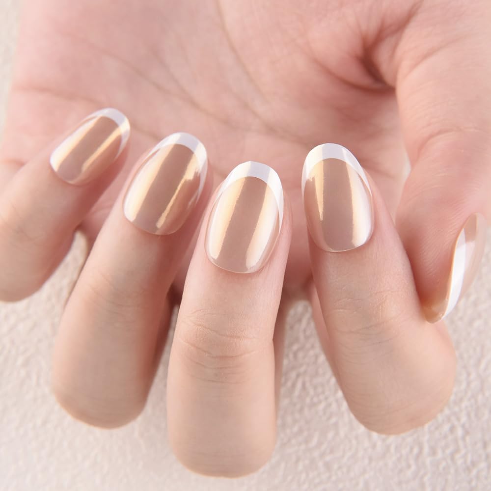 EVER NAIL エバーネイル　Glass French Nude Amazon.com: evpct Nude White French Tip Chrome Glazed Press on