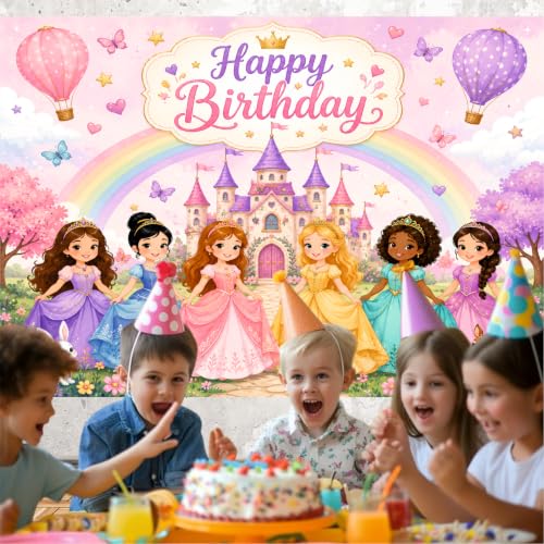Image of Princess Theme Birthday Backdrop | Royal Castle Happy Birthday Banner | Fairytale Party Decoration | Girls Photo Booth Background (Pack of 1, Size: 5x4 Feet)