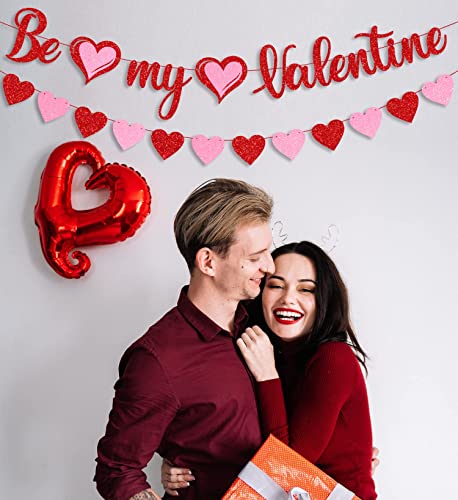 Image of FestikoRed Glitter Be My Valentine Banner and Red Pink Glitter Hearts Banner Happy Valentine's Day Garland Banner Valentines Day Wedding Engagement Party Fireplace Mantle Decorations Supplies