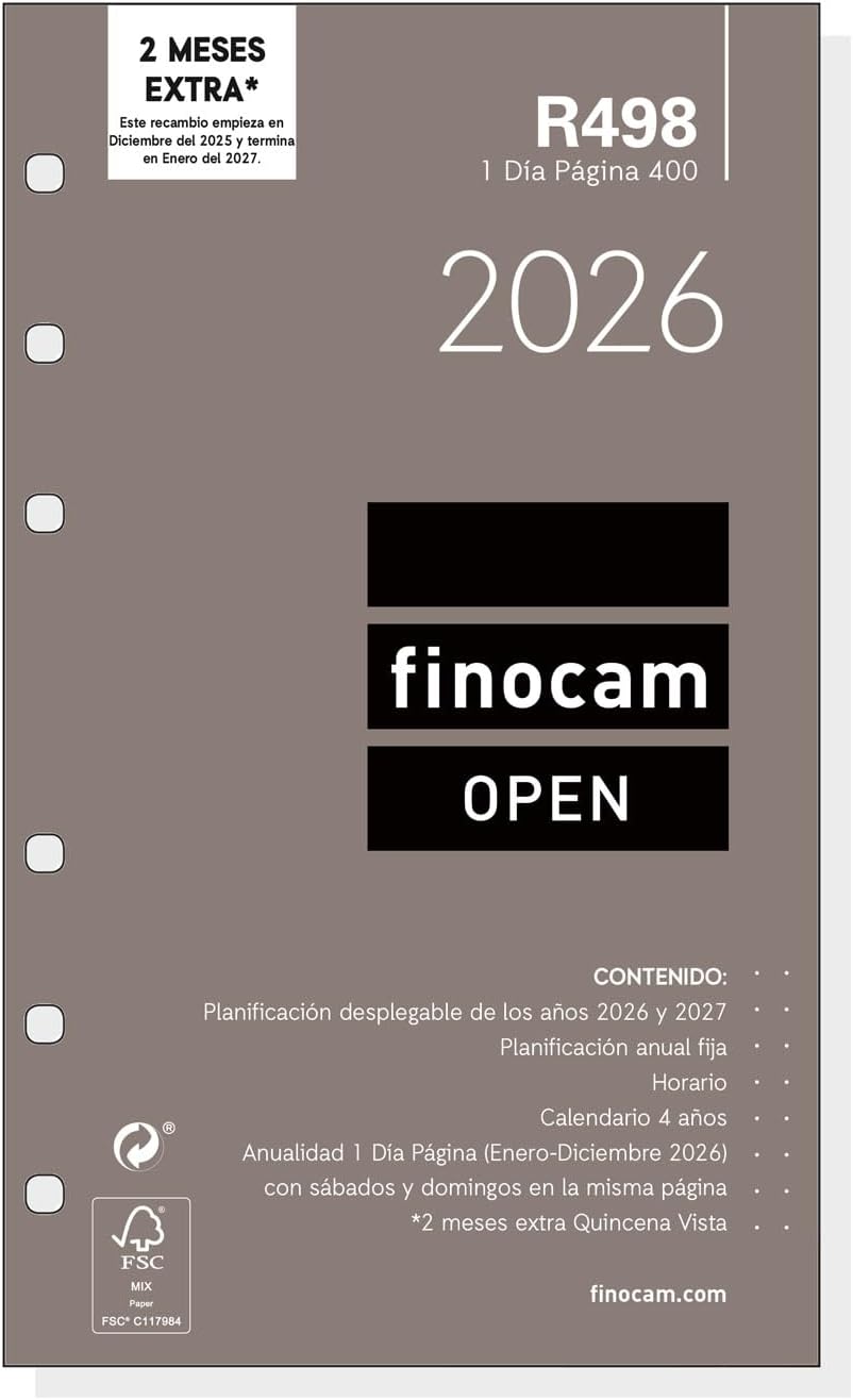 Finocam Annual Insert, Open 2026, 1 Day Page, January 2026 - December 2026 (12 Months), Spanish