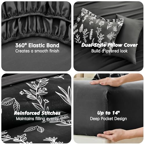 Image of MUXHOMO Oversized King Comforter Set, Black Elegant Floral Print Bed in a Bag 7 Pieces, Ultra Soft & Breathable Reversible Botanical Pattern Bedding Set with Comforter, Sheets, Pillowcases, and Shams