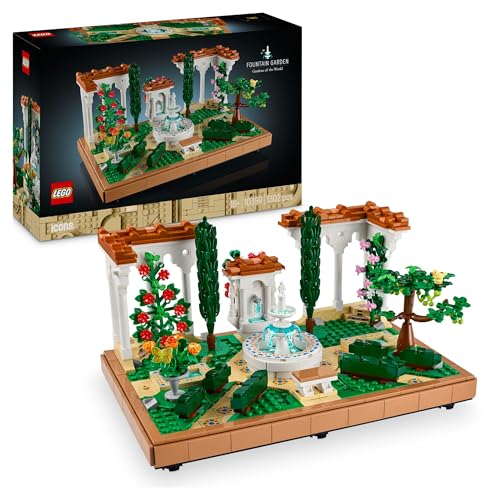 LEGO Icons Jardín con Fuente Maqueta para Adultos con Plantas y Flores Artificiales: Caléndula, Buganvilla, Geranio, Decoración para el Hogar, Figura de Pájaro, Regalo para Mujeres y Hombres 10359