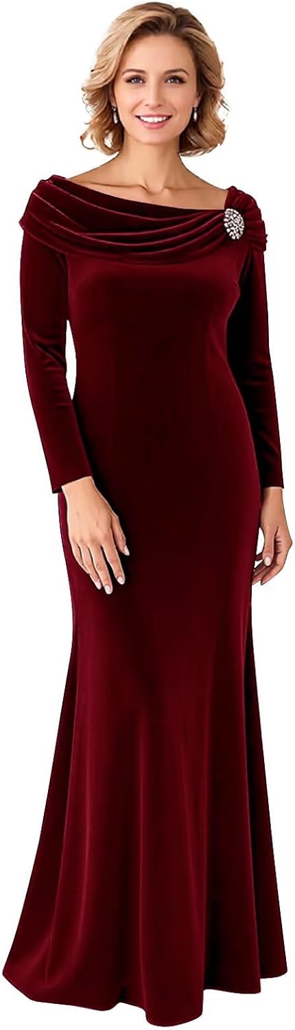 Long Velvet Mother of The Bride Dress for Women with Sleeves Mermaid Formal Dresses