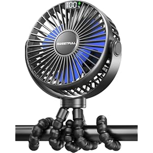SWEETFULL Portable Stroller Fan with Display 4000mAh Battery Powered Mini Clip On Fan, 4-Speed Rechargeable Small Personal Cooling for Baby Car Seat Crib Travel – Black
