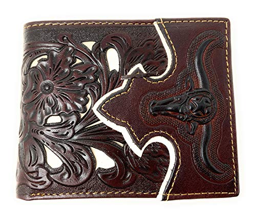 Western Men's Leather Longhorn Floral Tooled Laser Cut Lone Star Short Wallet in 8 colors (Coffee/Beige) Coffee/Beige