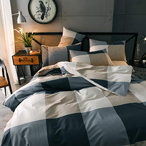 Lifetb TBUSGS11W-3Q Cotton Grid Plaid Duvet Cover Set Queen Modern Reversible Checkered Hotel Quality Zipper Closure Bedding Collection thumb #2
