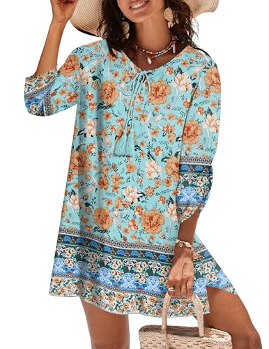 Image of Zeagoo Womens Boho Dresses Casual Beach Summer Dress Tassel Tie Neck 3 /4 Long Sleeve Mini Sundress 2026 Floral Print Cover Up