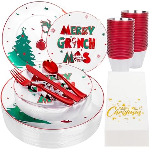 DaYammi 210Pcs Clear Grinch Plastic Plates Red Plates Disposable Christmas Dinnerware Set Include 30 Dinner Plates,30 Dessert Plates,30 Forks,30 Knives,30 Spoons,30 Cups,30 Napkins for Christmas Party Cover