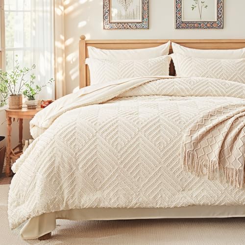 Image of Zzlpp Queen Comforter Set 7 Pieces, Cream Tufted Bed in a Bag with Comforter and Sheets, All Season Boho Bedding Sets with 1 Comforter, 2 Pillow Shams, 2 Pillowcases, 1 Flat Sheet, 1 Fitted Sheet
