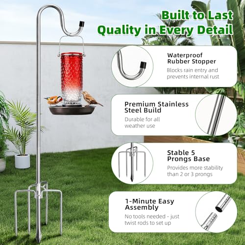 Image of COCONUT Shepherds Hook, 62 Inches Shepherds Hook with 5 Prongs Base Stainless Steel Adjustable Garden Hanging Holder for Bird Feeders Lanterns Planting Hanger Weddings Decor, Silver