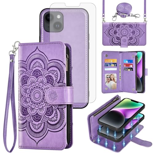 Coque portefeuille pour iPhone 14 avec protège-écran et fermeture éclair pratique