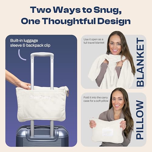 Image of EverSnug Travel Blanket and Pillow - Ultra-Soft, Compact & Lightweight, 65x40 Inches, with Carry Case, Luggage Sleeve & Backpack Clip for Airplane Comfort (Off-White)