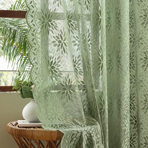 Image of MIULEE Vintage Floral Scalloped Lace Curtains, Sage Green 52 inch W x 63 inch L | 2 Panels, Spring Victorian Design, Short Semi Sheer Curtains, Light Filtering Rod Pocket Drapes, for Bedroom Living Room
