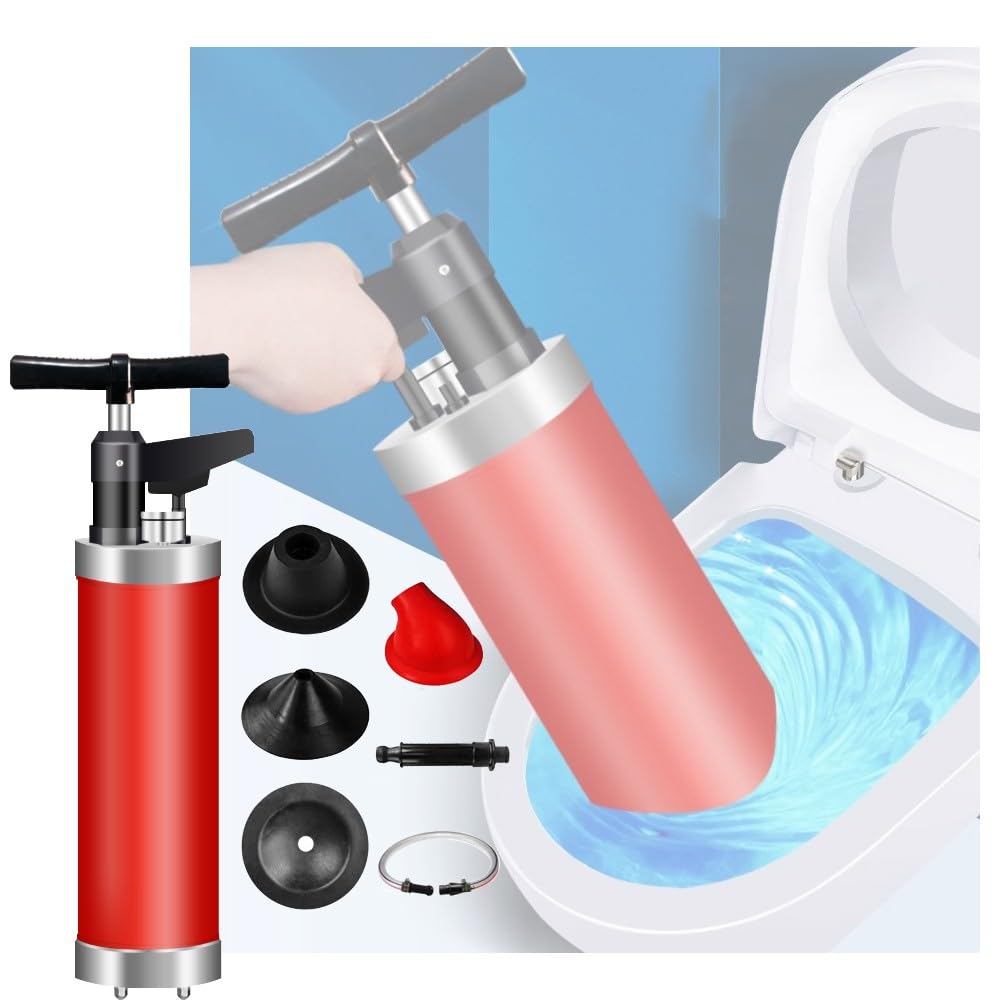 Desatascador Inflable para Inodoro, Desatascador de Alta Presión con Cuatro 4 Cabezales Reemplazables, Desatascador Tuberias a Presion, para Inodoro/Fregadero/Desagüe de Suelo