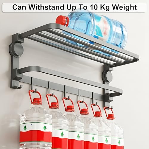 Image of Story@Home 24 Inches Premium Aluminium Finish Folding Towel Holder Rack for Bathroom, Rod with Hooks | Rack for Bathroom, Suction Towel Rack | Folding Towel Rack Floating No Drill Shelf - Grey