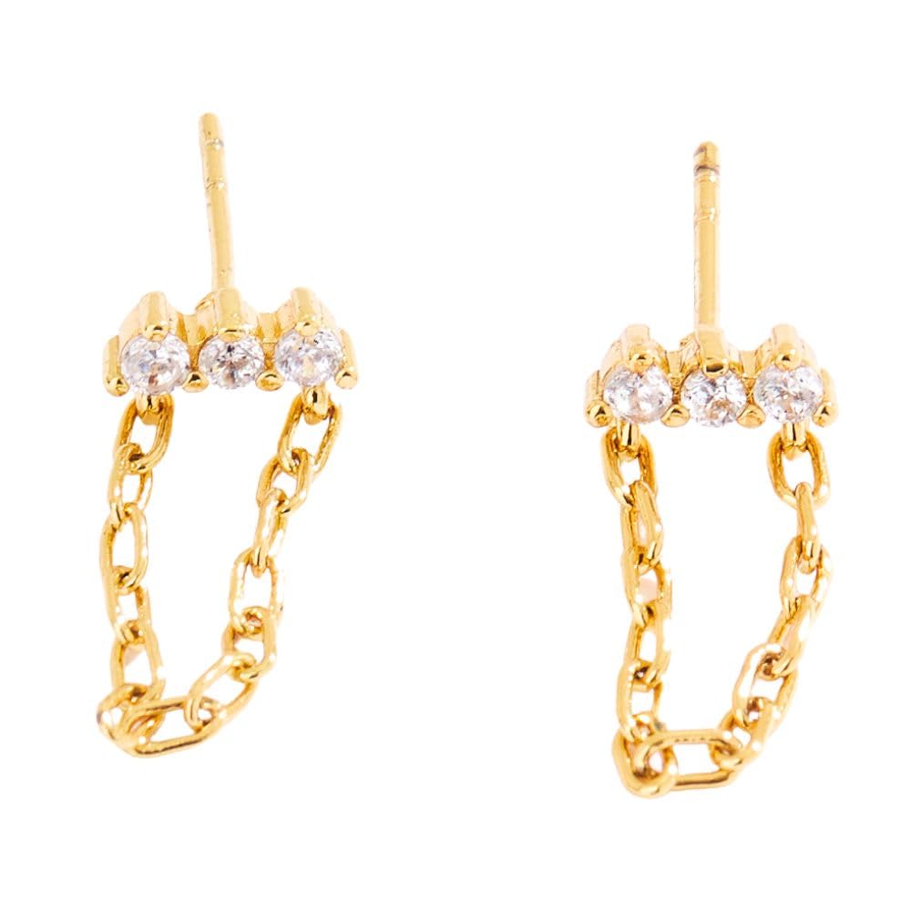 GIMME PIECE 18K Gold Plate Gold Stud Earrings for Women | Hypoallergenic | Minimal Earring | Chain Stud Earring, Brass, Cubic Zirconia
