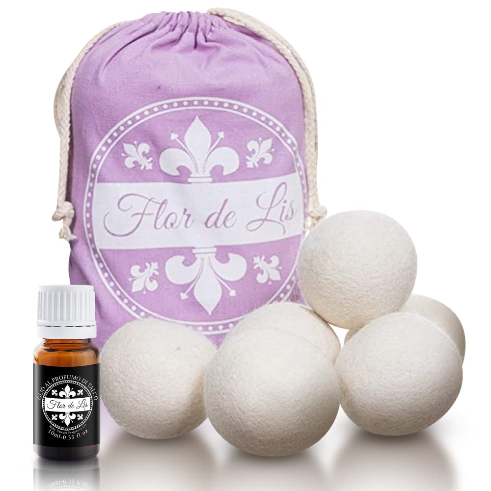 Flor De Lis Boule de Laine pour Sèche-Linge Avec Adoucissant à l'Huile de Talc - 6 Pièces, Laine Mérinos de Nouvelle-Zélande, 10ml Parfum Poudre Bébé - Réutilisables jusqu'à 1100 Fois