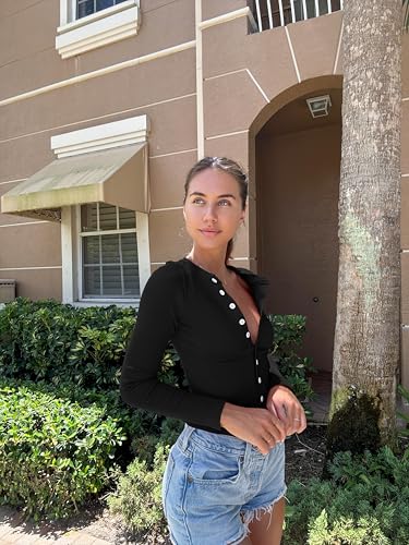 OQQ Womens Long Sleeve Shirts Crew Neck Button Knit Stretch Casual Basic Tops Fitted Tee Shirts3