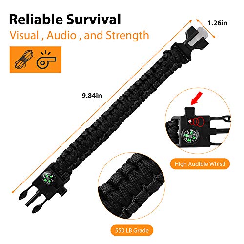 Bracelets,Survival Bracelets for Men Paracord Tactical 5-in-1 Camping Gear Kits,with 12-ft Detachable Parachute Rope,Fire Starter,Embedded Compass,Whistle&Emergency Multitools - Image 4