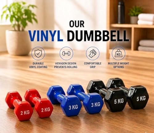 Image of De Jure Fitness Dumbbell Set with Stand for Home Gym | 2kg 3kg 5kg 3 Pair Dumbbells Set | Vinyl Weight Set with Rack | Space Saving Compact Stand | Strength Training Workout Equipment