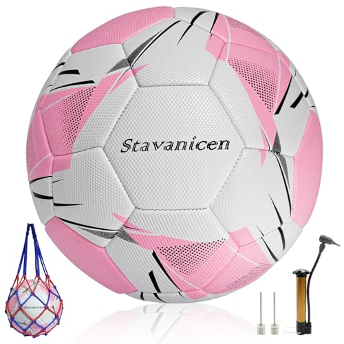 Stavanicen Soccer Ball Size 5 with Pump & Carry Net & Needle, Sofu PU Soccer Ball Kit for Indoor Outdoor Practicing Training Playing Gift Boys Girls Youth Adult
